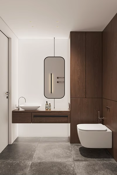 Modern Bathroom Interior Design With Oval Mirror Wooden Cabinets White Basin And Toilet 3d model
