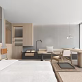 Modern Hotel Room Interior With Wooden Bed Desk Chair And Nightstand