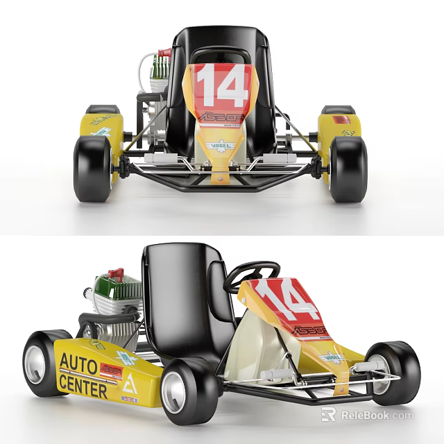 Yellow Go Kart With Number 14 And Auto Center Logo Details 3d model 