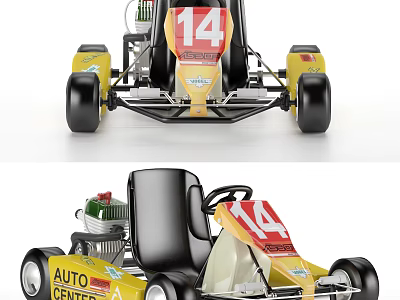 Yellow Go Kart With Number 14 And Auto Center Logo Details 3d model