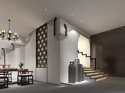 Traditional Chinese Teahouse Interior Design With Carved Screens Wooden Furniture And Chandeliers 3d model