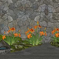 Serene Garden Landscape With Stone Wall Orange Flowers Small Fountain Mossy Ground And Sand Path