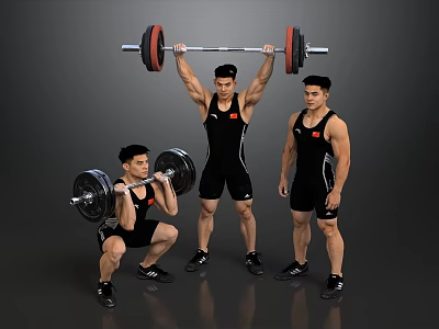 Group of Men Performing Weightlifting Training With Barbells In Black Sportswear 3d model