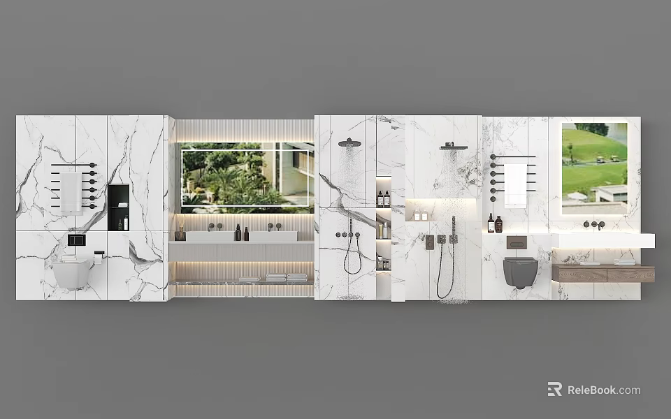 Modern Bathroom Vanity Sink With Marble Countertop Mirror And Green Plants 3d model 