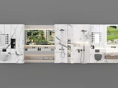 Modern Bathroom Vanity Sink With Marble Countertop Mirror And Green Plants 3d model