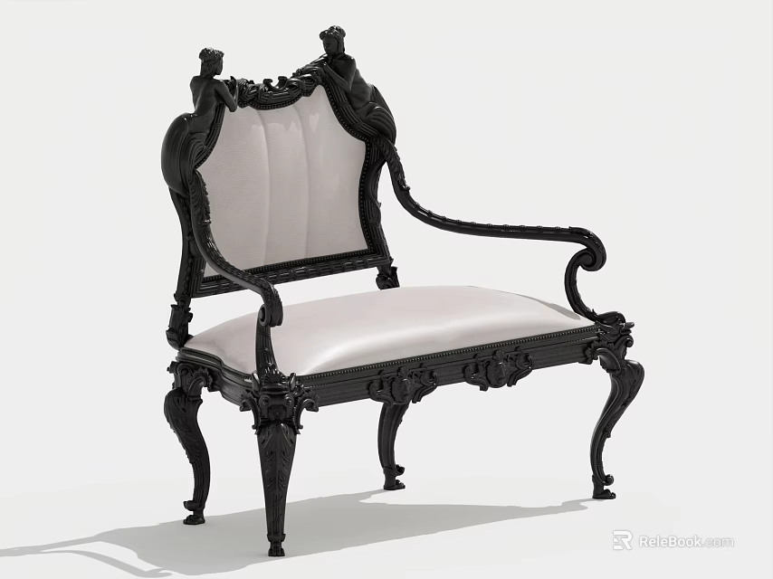 Classic Single Sofa With Ornate Black Carved Frame White Cushion And Decorative Armrests 3d model 