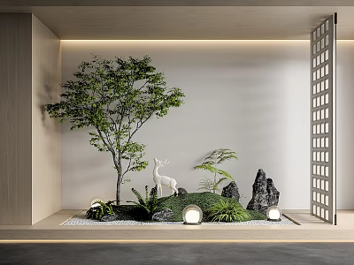 Tranquil Indoor Landscape Design With Green Tree Deer Statue Rocks Lanterns And Lattice Door 3d model
