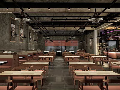 Industrial Restaurant Interior With Wooden Tables Hanging Lights Decorative Paintings And Windows 3d model
