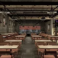 Industrial Restaurant Interior With Wooden Tables Hanging Lights Decorative Paintings And Windows