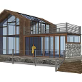 Modern Guesthouse Building With Large Glass Windows Wooden Structure Deck Railing And Wooden Steps