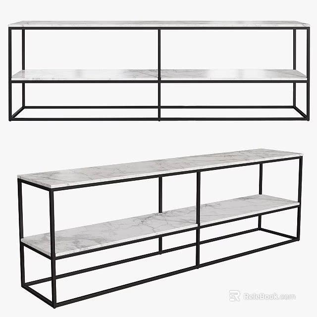 Modern Minimalist Dining Table With Black Metal Frame And Marble Top Storage Shelves 3d model 