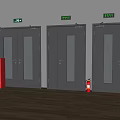 Gray Double Doors With Glass Panels Green Exit Signs And Fire Extinguishers On Wooden Floor