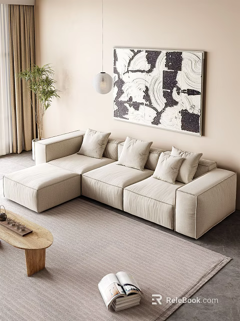 Cream Sectional Sofa With Cushions In Modern Living Room With Abstract Art And Potted Plant 3d model 