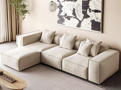 Cream Sectional Sofa With Cushions In Modern Living Room With Abstract Art And Potted Plant 3d model