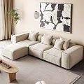 Cream Sectional Sofa With Cushions In Modern Living Room With Abstract Art And Potted Plant