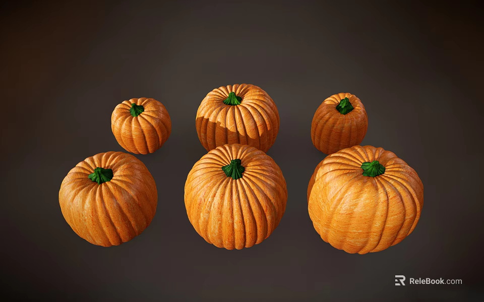 Six Orange Pumpkins With Green Tops Arranged On Dark Background 3d model