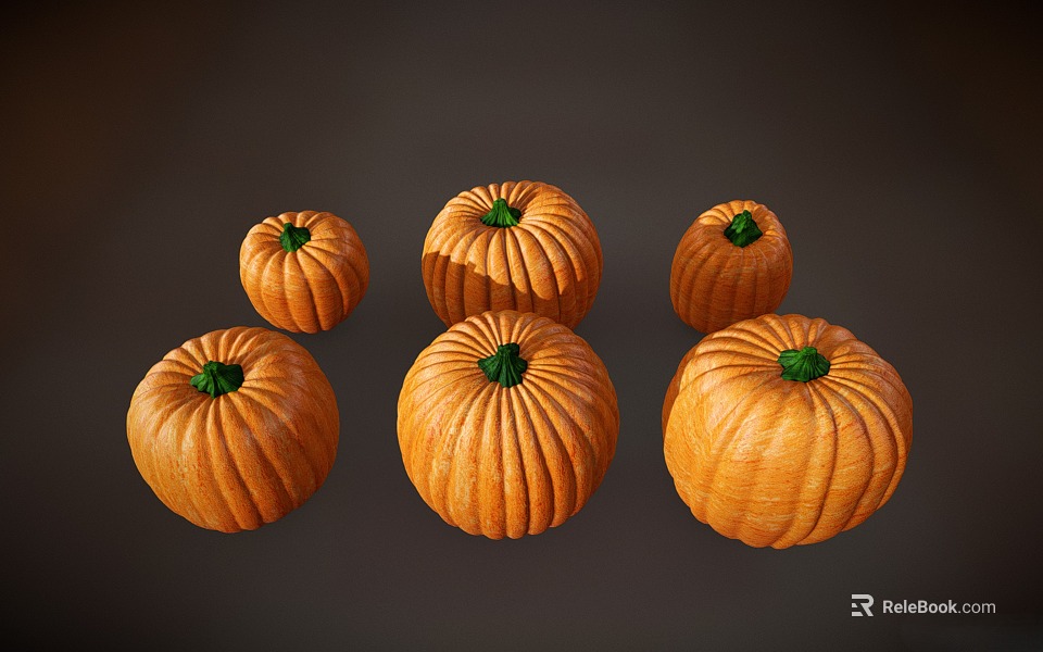 Six Orange Pumpkins With Green Tops Arranged On Dark Background 3d model 