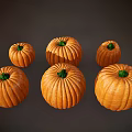Six Orange Pumpkins With Green Tops Arranged On Dark Background