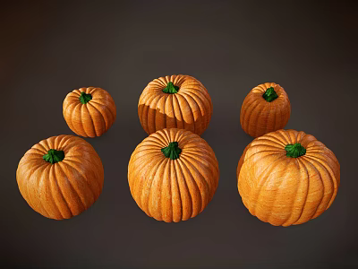 Six Orange Pumpkins With Green Tops Arranged On Dark Background 3d model