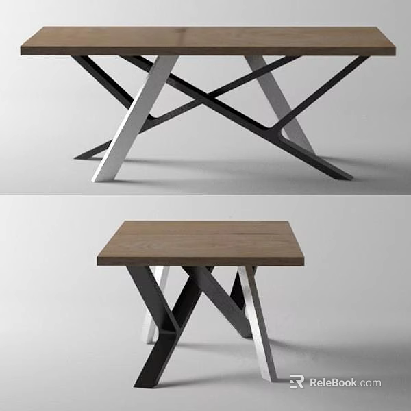 Modern Dining Table With Wooden Tabletop And Crossed Metal Legs Design 3d model 