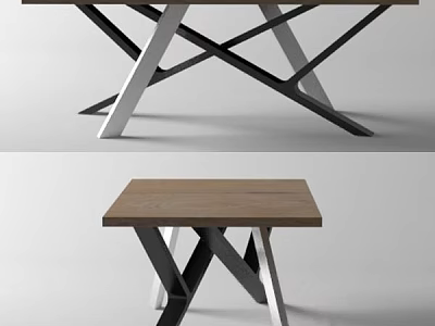 Modern Dining Table With Wooden Tabletop And Crossed Metal Legs Design 3d model