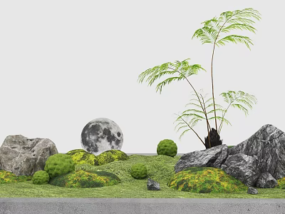 Natural Garden Landscape With Rocks Lush Green Plants Moon And Grass 3d model