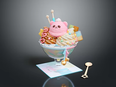 Colorful Ice Cream Sundae With Pink Bear Decoration Cookies And Candy Toppings In Pastel Bowl 3d model