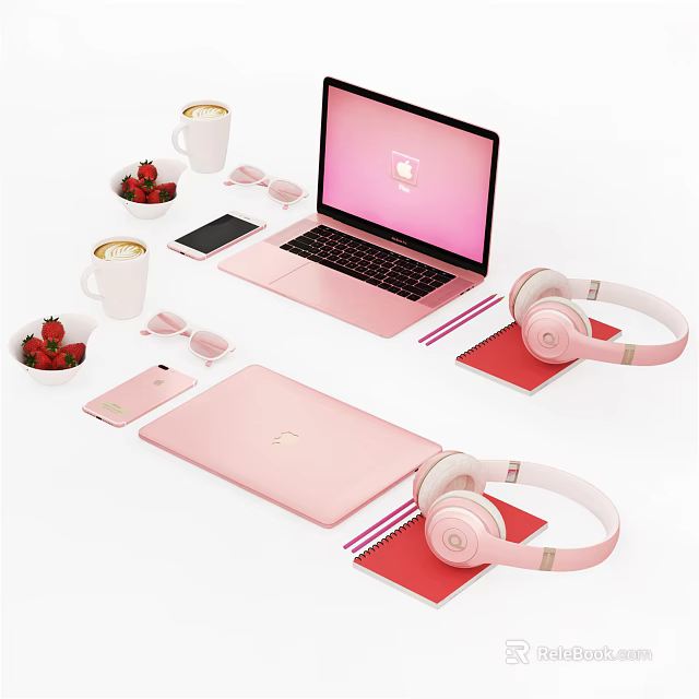 Pink Laptop Setup With Headphones Smartphone Coffee Cup Strawberries Notebook And Pencils 3d model 
