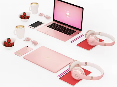 Pink Laptop Setup With Headphones Smartphone Coffee Cup Strawberries Notebook And Pencils 3d model