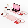 Pink Laptop Setup With Headphones Smartphone Coffee Cup Strawberries Notebook And Pencils