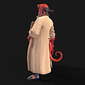 Red Horned Game Movie Character With Beige Trench Coat Black Shorts And Mechanical Claw