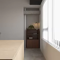 Modern Public Office Space With Wooden Desk Gray Office Chairs Hanging Lights And Window Blinds