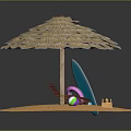 Tropical Beach Scenery With Straw Umbrella Deck Chair Surfboard Beach Ball And Sandcastle