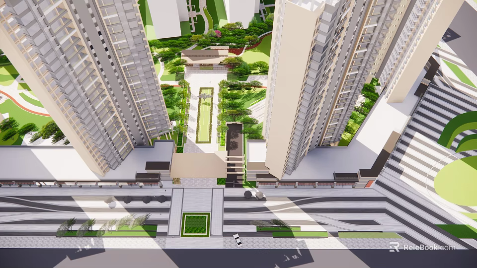 Residential Landscape With High Rise Buildings Lush Green Areas And Central Garden 3d model 