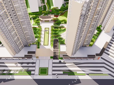 Residential Landscape With High Rise Buildings Lush Green Areas And Central Garden 3d model