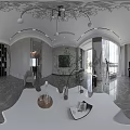White Sheer Curtains Framing Large Window with Black Sculpture Holding Golden Rings and Mountain View