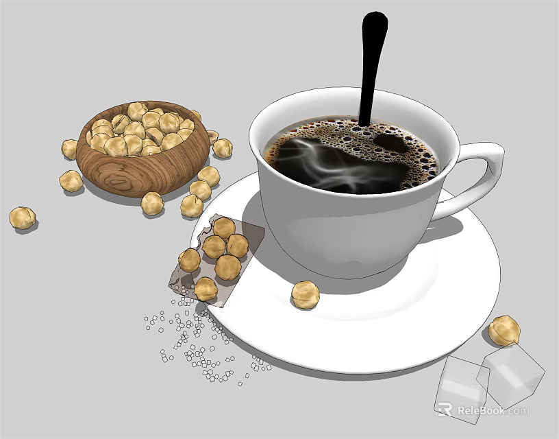 Freshly Brewed Coffee In White Cup With Roasted Coffee Beans And Sugar Cubes 3d model 