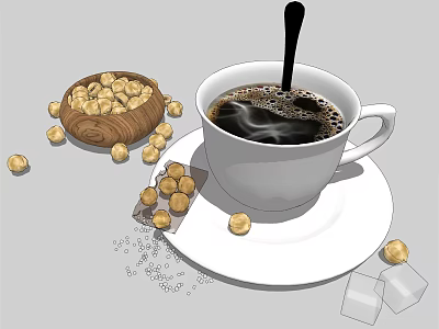 Freshly Brewed Coffee In White Cup With Roasted Coffee Beans And Sugar Cubes 3d model