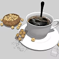 Freshly Brewed Coffee In White Cup With Roasted Coffee Beans And Sugar Cubes