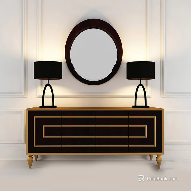 Elegant Dark Wood Dressing Table With Gold Trim Round Mirror Black Lamps On White Wall 3d model 