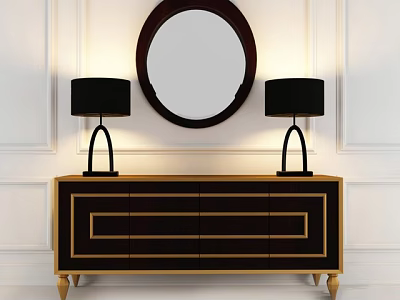 Elegant Dark Wood Dressing Table With Gold Trim Round Mirror Black Lamps On White Wall 3d model