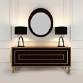 Elegant Dark Wood Dressing Table With Gold Trim Round Mirror Black Lamps On White Wall