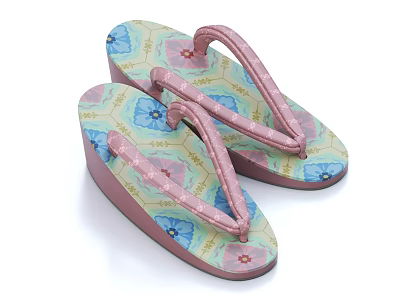 Light Green Platform Slipper Shoes With Blue Pink Floral Patterns And Comfortable Pink Straps 3d model