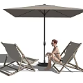 Outdoor Wooden Lounge Chairs With Beige Fabric And Large Sun Umbrella For Relaxation