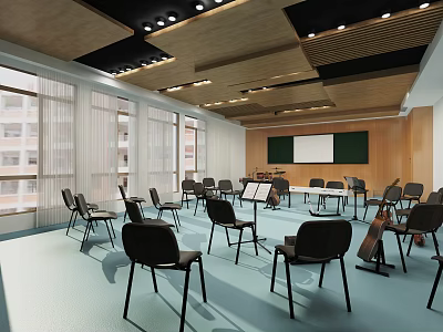 Spacious Music Classroom With Black Chairs Music Stands Cello Green Blackboard And Wooden Ceiling 3d model