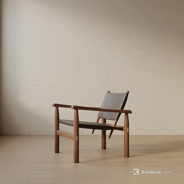 Modern Leisure Chair With Wooden Frame And Gray Cushion In Minimalist Interior 3d model 