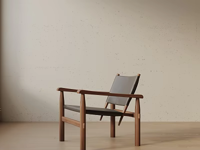 Modern Leisure Chair With Wooden Frame And Gray Cushion In Minimalist Interior 3d model