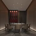 Elegant Modern Private Dining Room with Round Table Red Panel Wall and Ceiling Lights 3d model