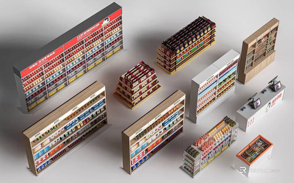 Various Retail Display Shelves with Multiple Layers for Supermarket Product 3d model 