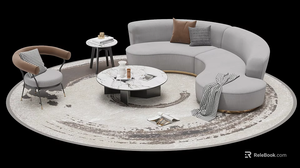 Light Gray Curved Sofa and Coffee Table Set with Marble Top on Round Textured Rug 3d model